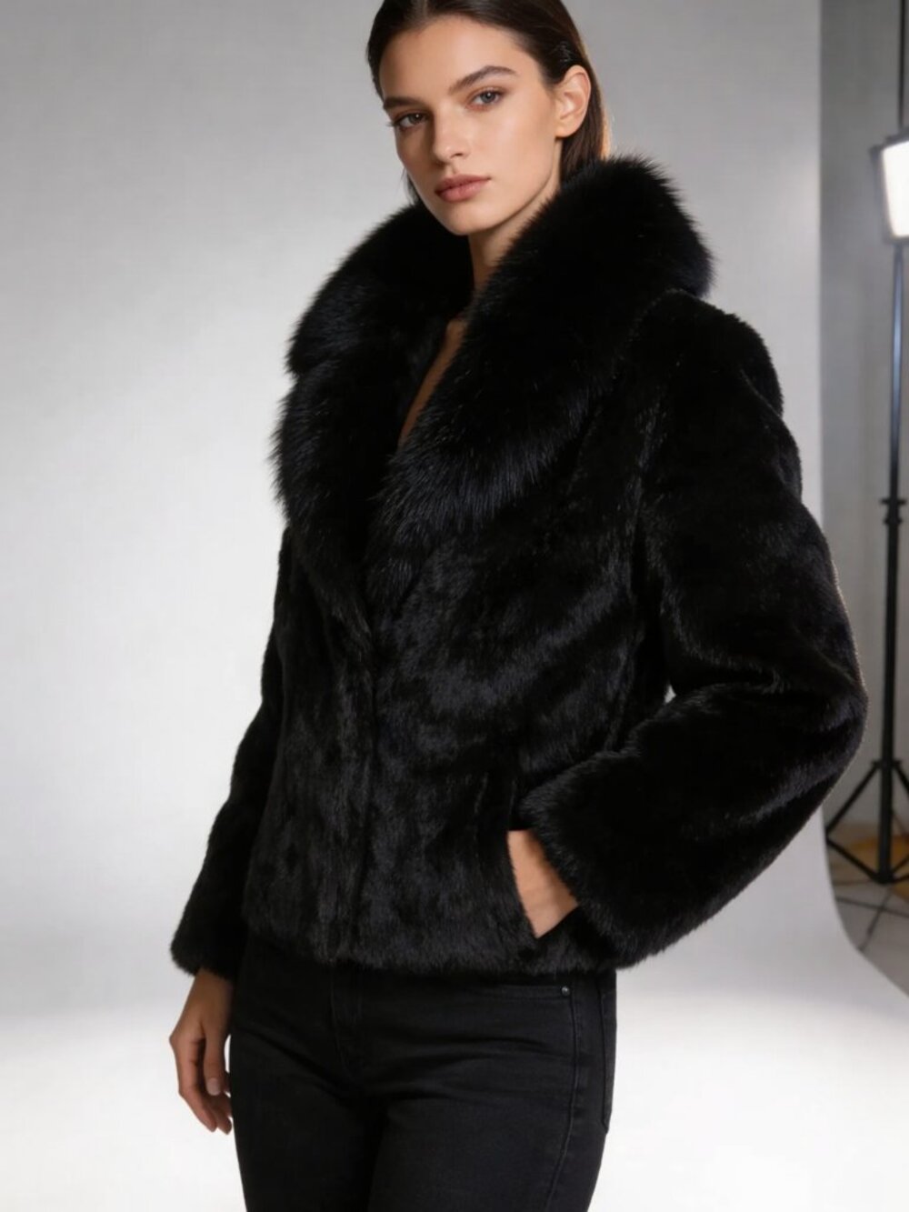 Luxury Black Rex Rabbit & Fox Fur Coat — Designed in Canada — Size Small (S)